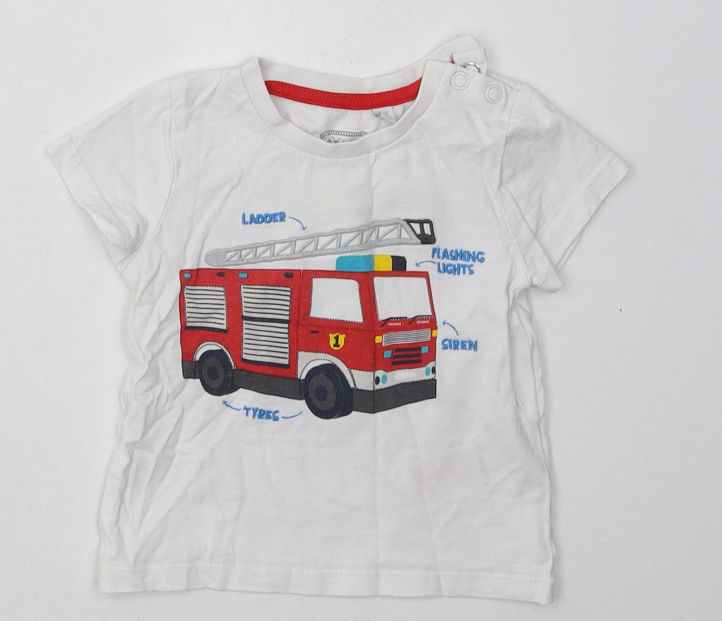 Debenhams Boys White  Cotton Basic T-Shirt Size 6-9 Months Crew Neck Buckle - Fire Engine