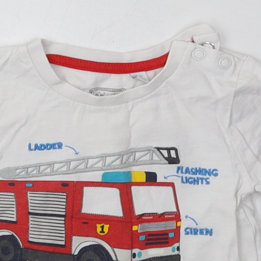 Debenhams Boys White  Cotton Basic T-Shirt Size 6-9 Months Crew Neck Buckle - Fire Engine