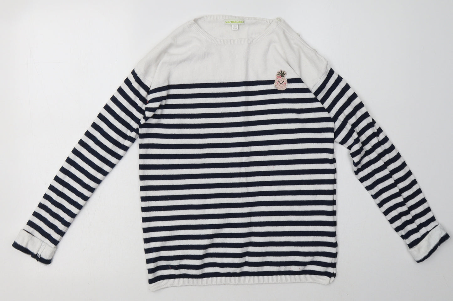 Vertbaudet Girls Blue Striped Cotton Basic Casual Size 12-13 Years Crew Neck Pullover