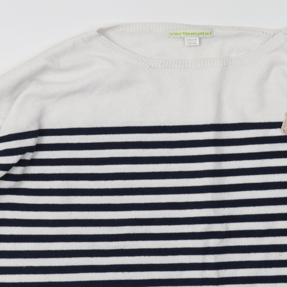 Vertbaudet Girls Blue Striped Cotton Basic Casual Size 12-13 Years Crew Neck Pullover
