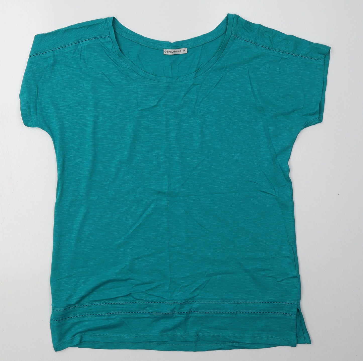 Encuentro Womens Green  Cotton Basic T-Shirt Size M Boat Neck