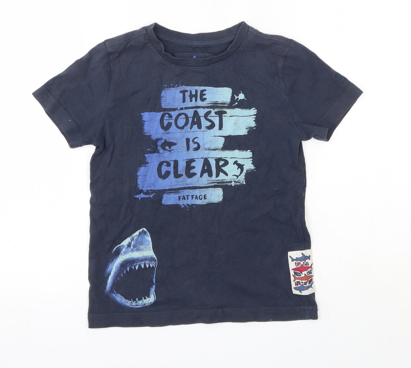 Fat Face Boys Blue  Cotton Basic T-Shirt Size 4-5 Years Round Neck  - Shark