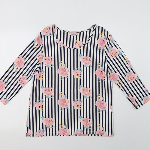 Classic Womens White Striped Polyester Basic Blouse Size 12 Round Neck