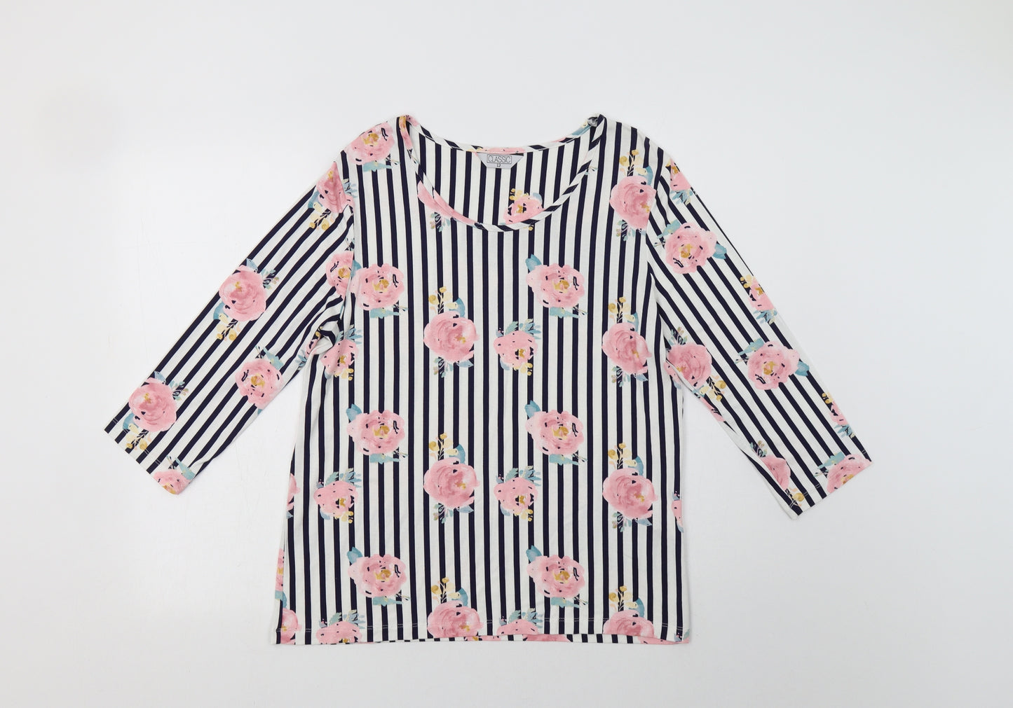 Classic Womens White Striped Polyester Basic Blouse Size 12 Round Neck