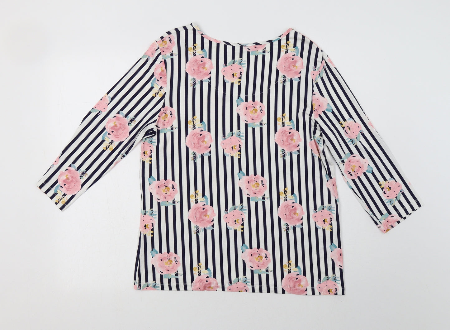 Classic Womens White Striped Polyester Basic Blouse Size 12 Round Neck