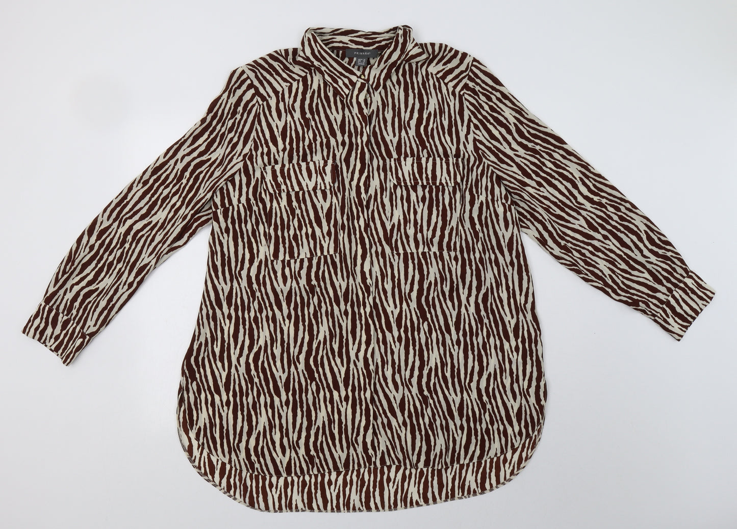 Primark Womens Brown Animal Print Polyester Basic Button-Up Size 20 Collared