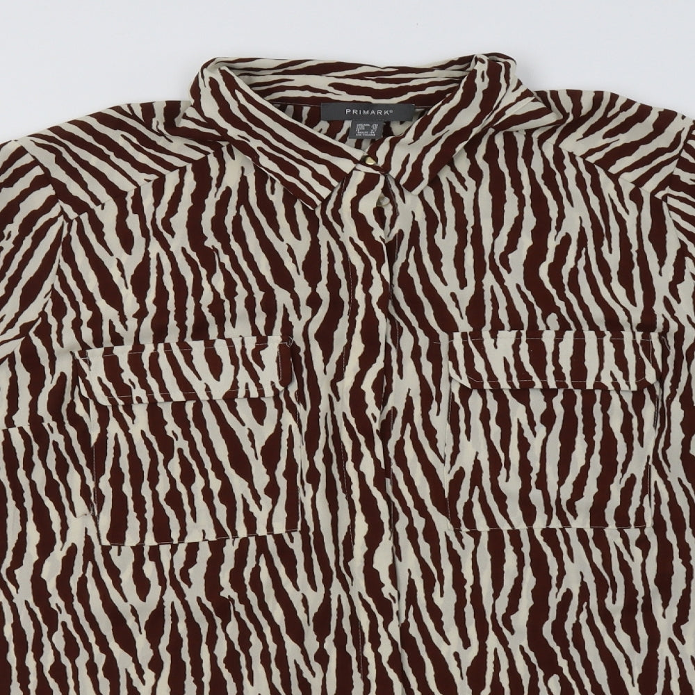 Primark Womens Brown Animal Print Polyester Basic Button-Up Size 20 Collared