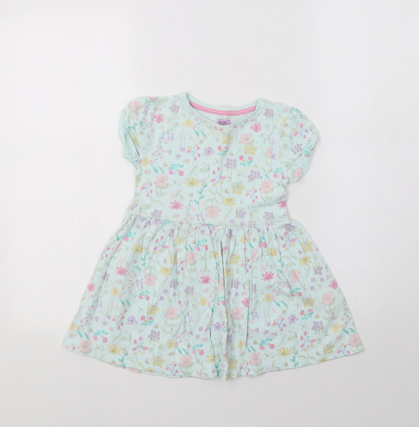 F&F Girls Green Floral Cotton Fit & Flare  Size 2-3 Years  Crew Neck