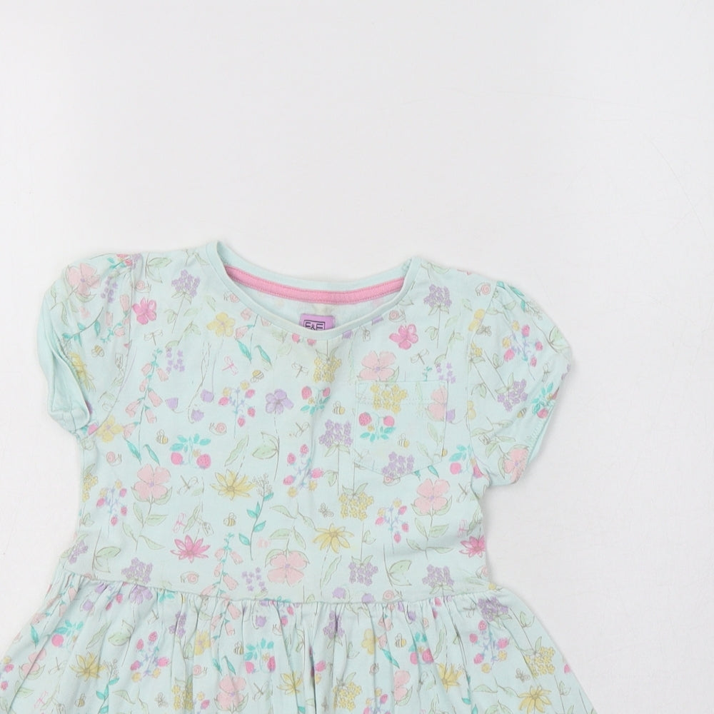 F&F Girls Green Floral Cotton Fit & Flare  Size 2-3 Years  Crew Neck