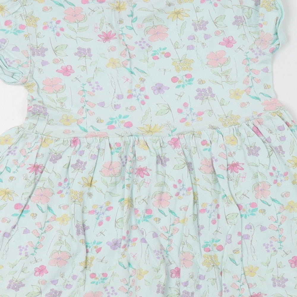 F&F Girls Green Floral Cotton Fit & Flare  Size 2-3 Years  Crew Neck
