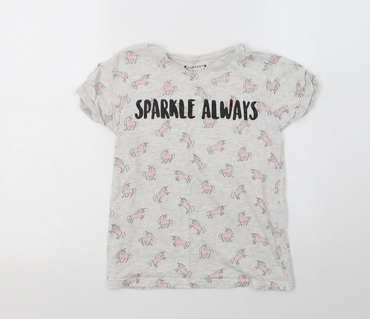 Primark Girls Grey Geometric Cotton Basic T-Shirt Size 10-11 Years Crew Neck - Unicorn Print