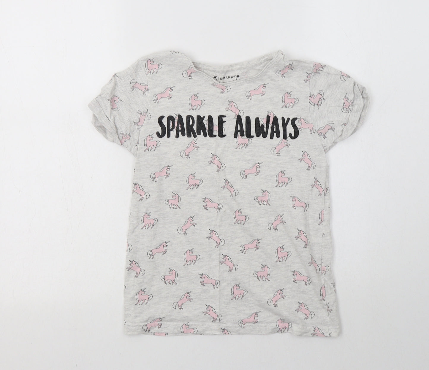 Primark Girls Grey Geometric Cotton Basic T-Shirt Size 10-11 Years Crew Neck  - Unicorn Print