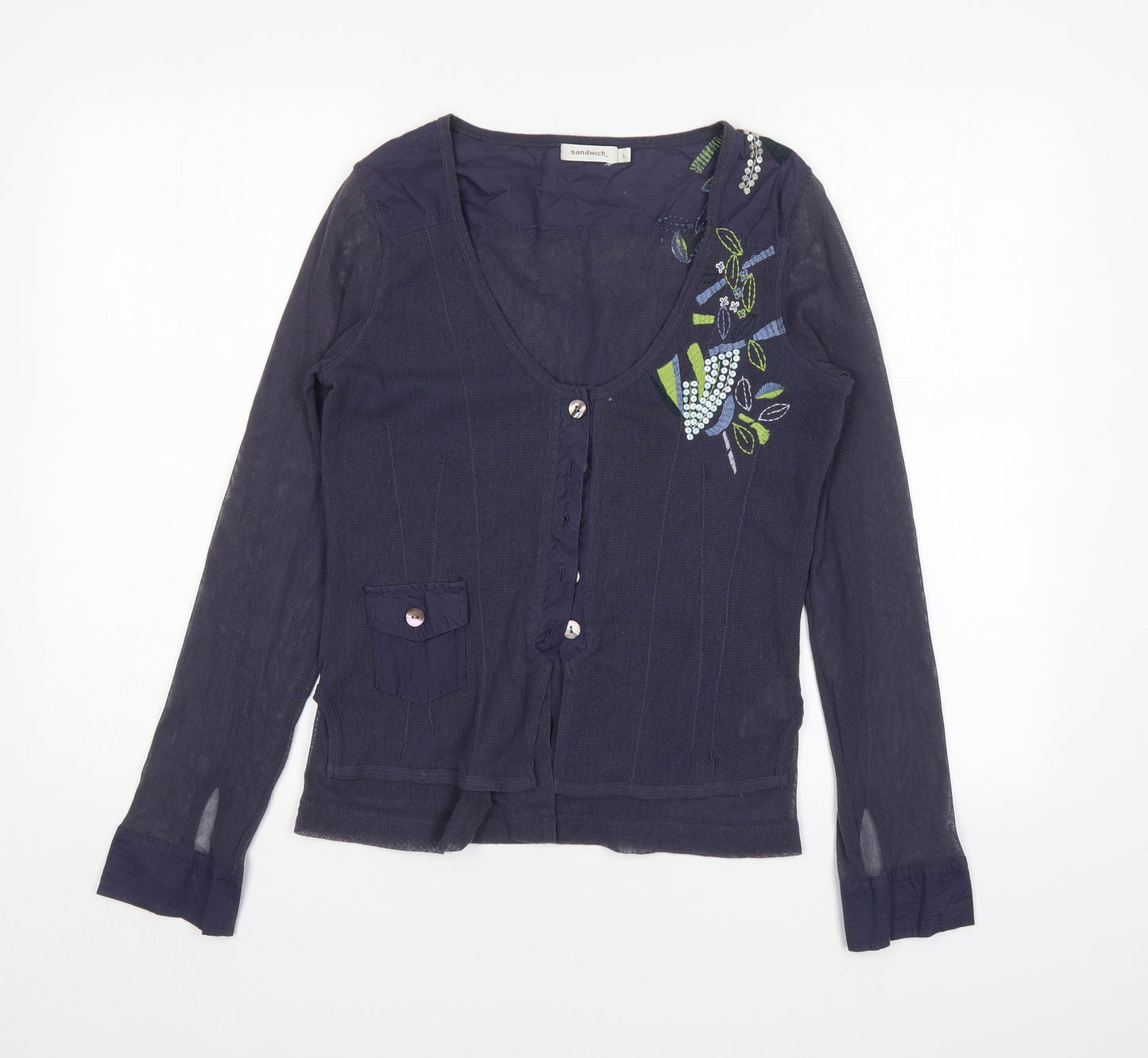 Sandwich Womens Blue Scoop Neck Floral Polyester Cardigan Jumper Size L