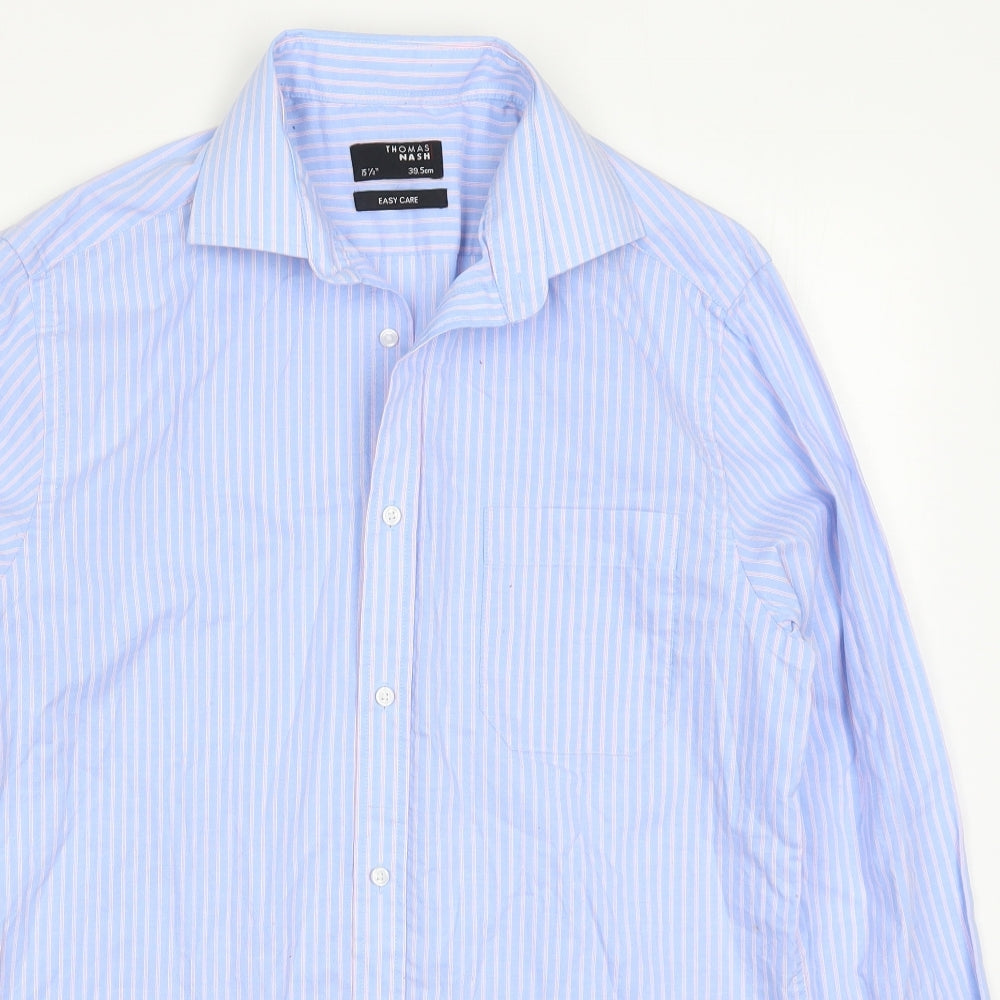 Thomas Nash Mens Blue Striped Cotton  Dress Shirt Size 15.5 Collared Button