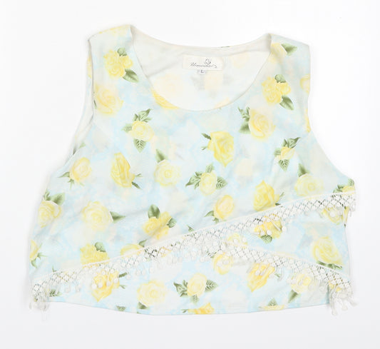 Front view of Urmodar women’s blue floral polyester cropped tank, size M, round neck - yellow flowers