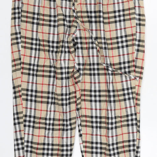 PRETTYLITTLETHING Womens Beige Check Cotton Trousers  Size 10 L24 in Regular Drawstring