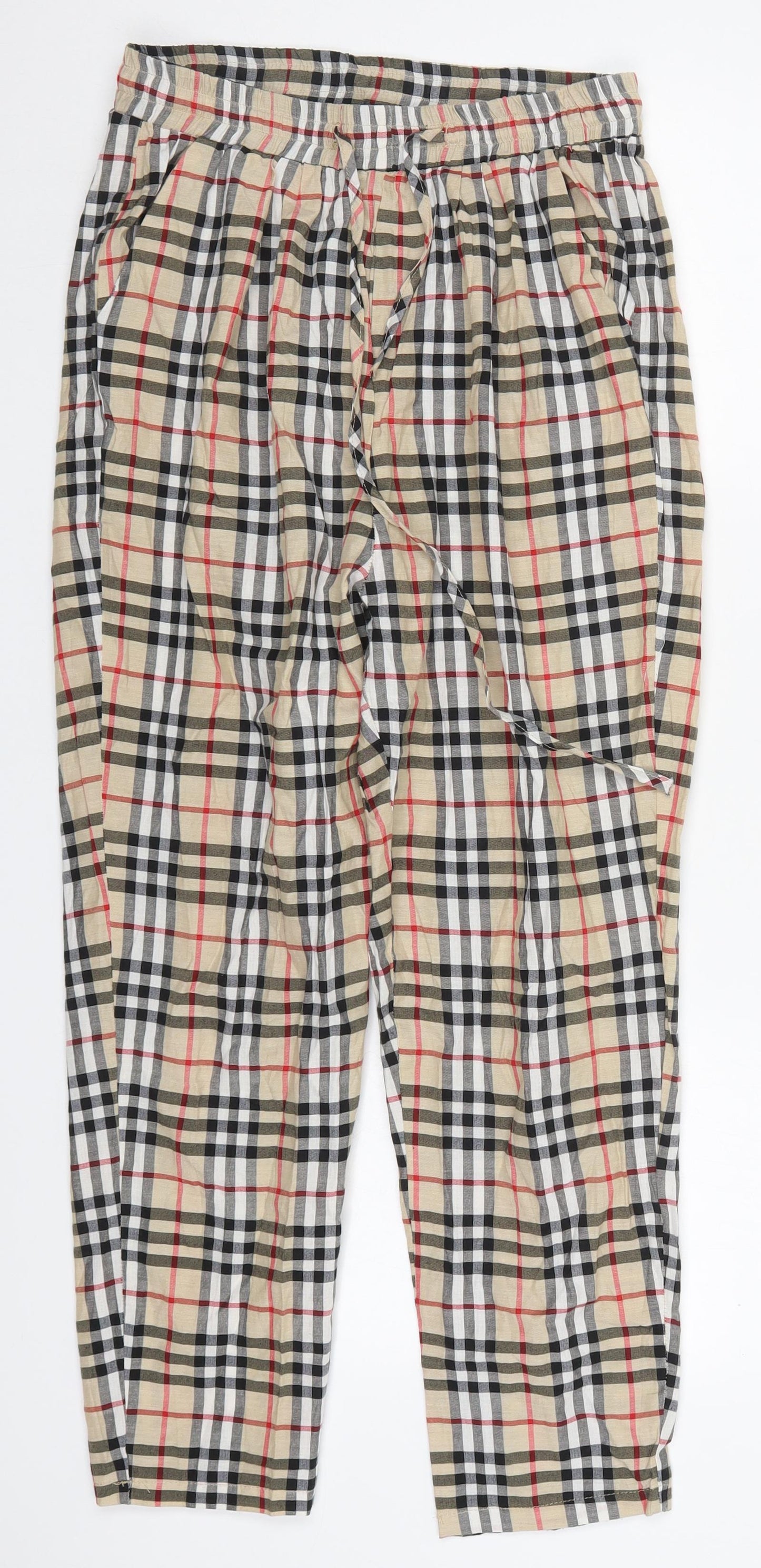 PRETTYLITTLETHING Womens Beige Check Cotton Trousers  Size 10 L24 in Regular Drawstring