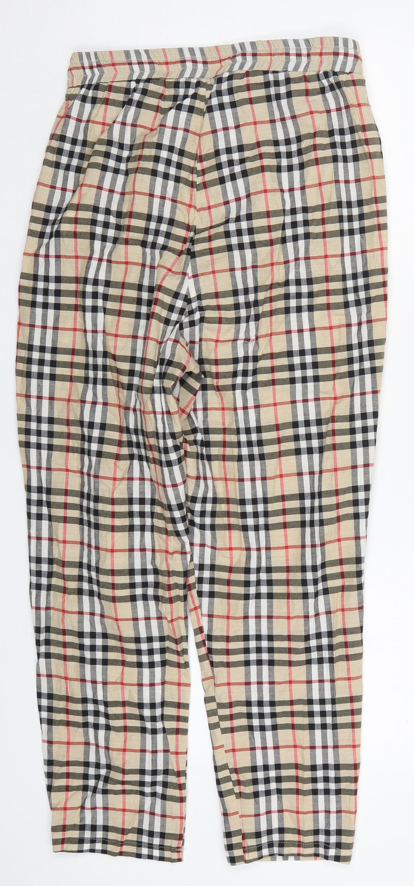 PRETTYLITTLETHING Womens Beige Check Cotton Trousers  Size 10 L24 in Regular Drawstring