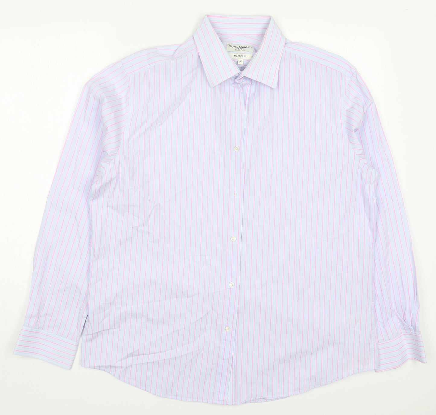 Stovel & Mason Mens Blue Striped Cotton  Dress Shirt Size 17 Collared Button - Pink