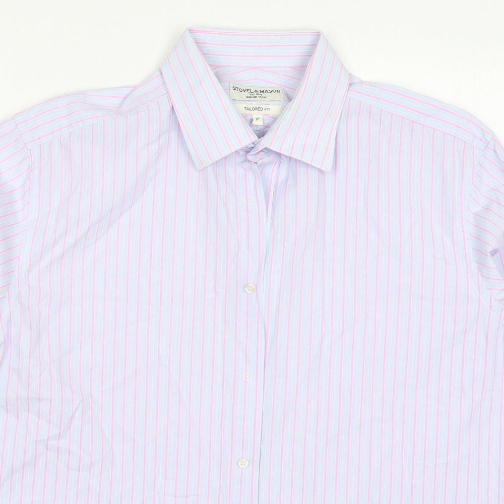 Stovel & Mason Mens Blue Striped Cotton  Dress Shirt Size 17 Collared Button - Pink