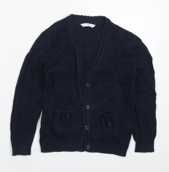 Marks and Spencer Girls Blue V-Neck  Cotton Cardigan Jumper Size 5-6 Years  Button