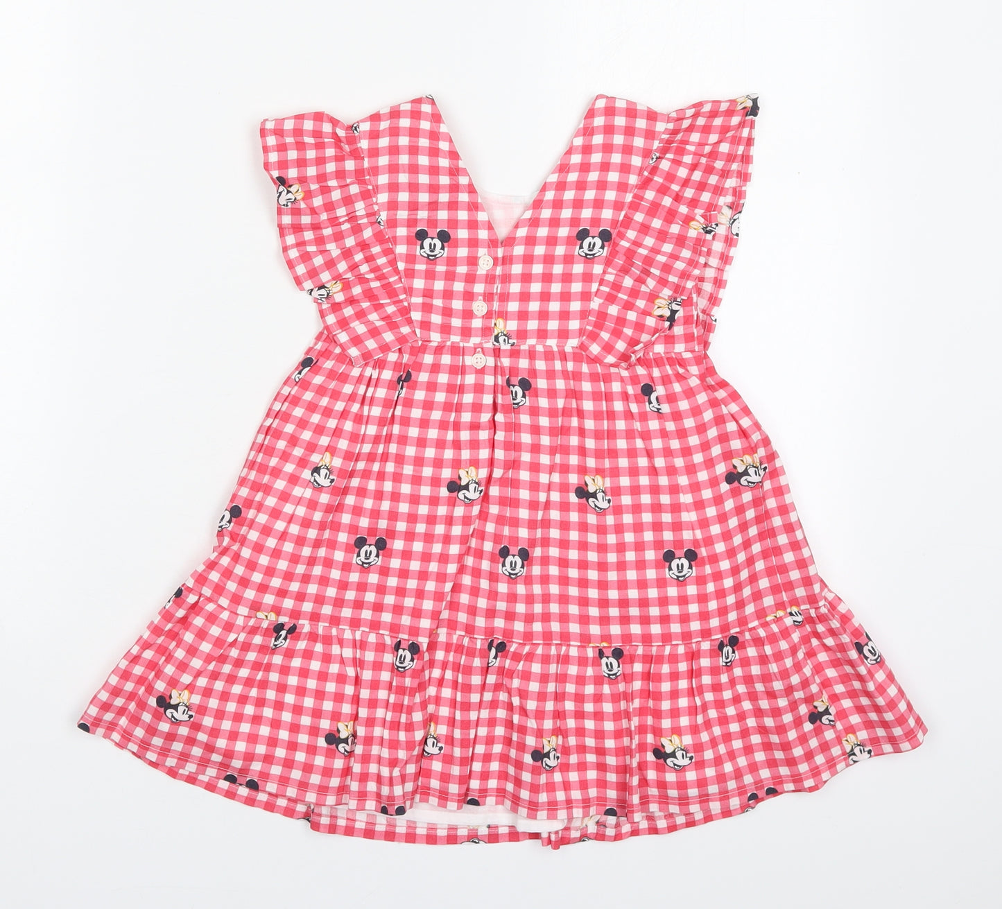 George Girls Red Check Cotton Trapeze & Swing  Size 2-3 Years  Round Neck Button - Minnie Mouse
