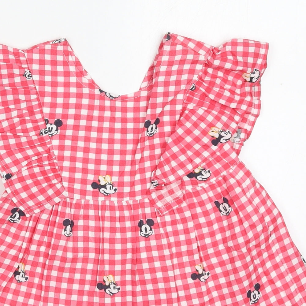 George Girls Red Check Cotton Trapeze & Swing  Size 2-3 Years  Round Neck Button - Minnie Mouse