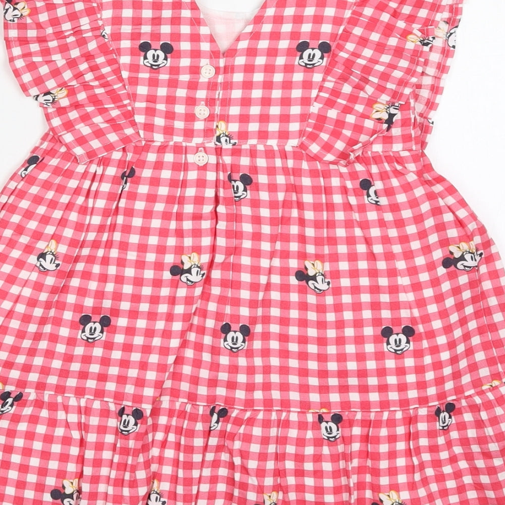 George Girls Red Check Cotton Trapeze & Swing  Size 2-3 Years  Round Neck Button - Minnie Mouse