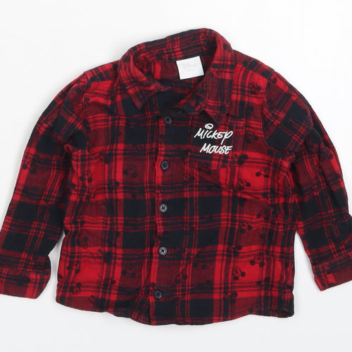 F&F Baby Red Check Cotton Basic Button-Up Size 12-18 Months Collared Button - Mickey Mouse