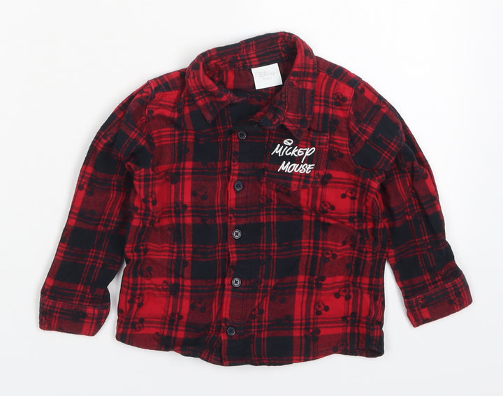 F&F Baby Red Check Cotton Basic Button-Up Size 12-18 Months Collared Button - Mickey Mouse