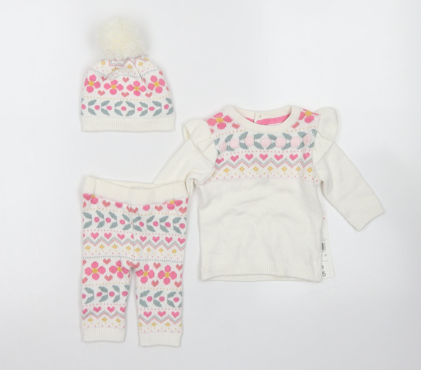 Fred & Flo Girls White Fair Isle Cotton Trousers Set Outfit/Set Size 0-3 Months  Button - Up to 1 month