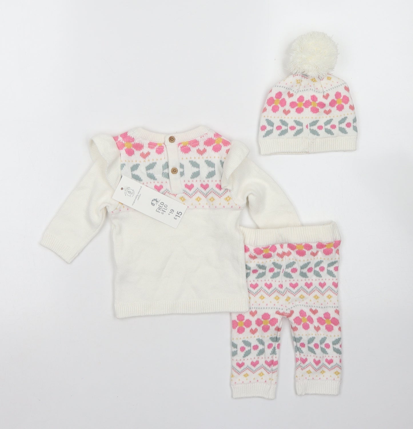 Fred & Flo Girls White Fair Isle Cotton Trousers Set Outfit/Set Size 0-3 Months  Button - Up to 1 month