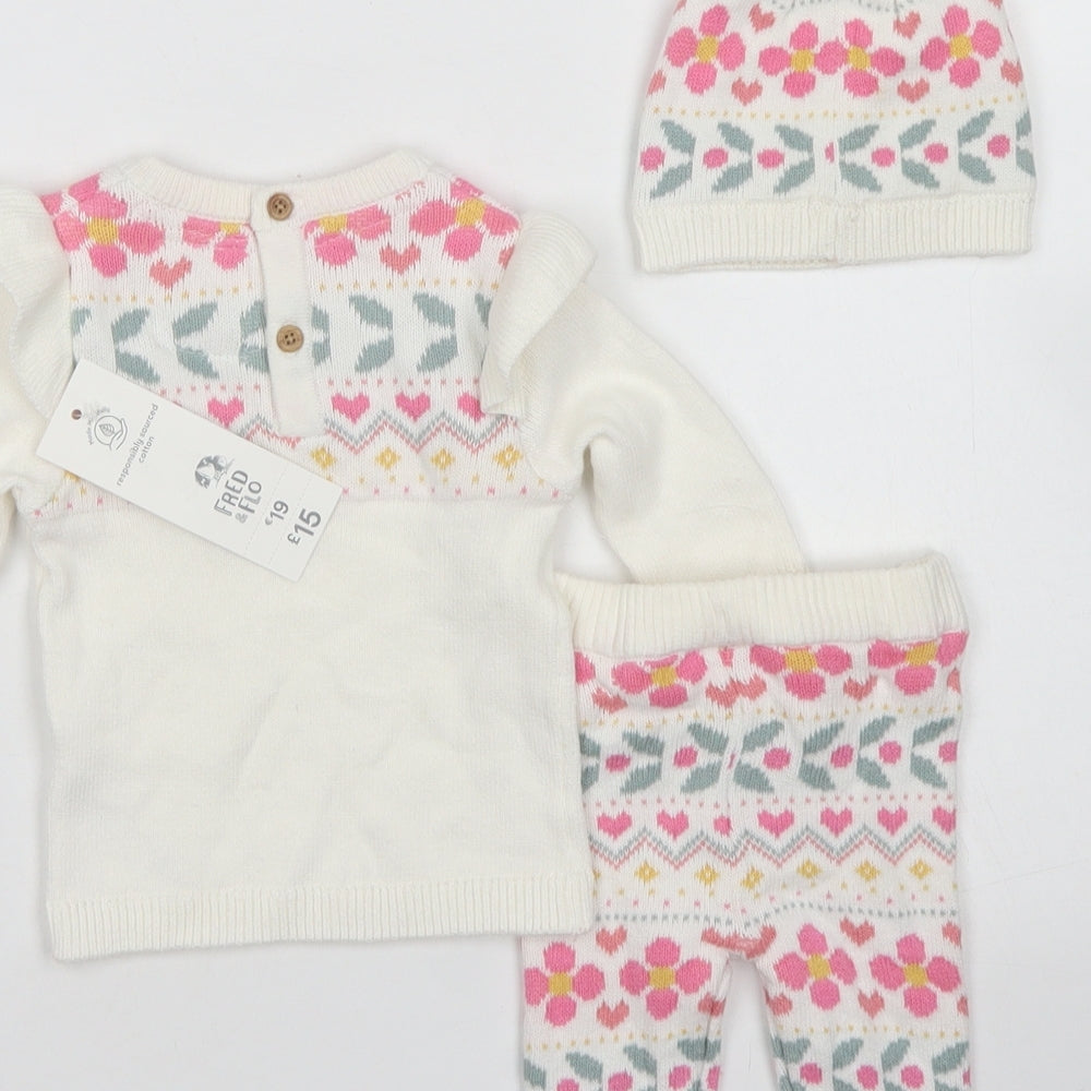 Fred & Flo Girls White Fair Isle Cotton Trousers Set Outfit/Set Size 0-3 Months  Button - Up to 1 month