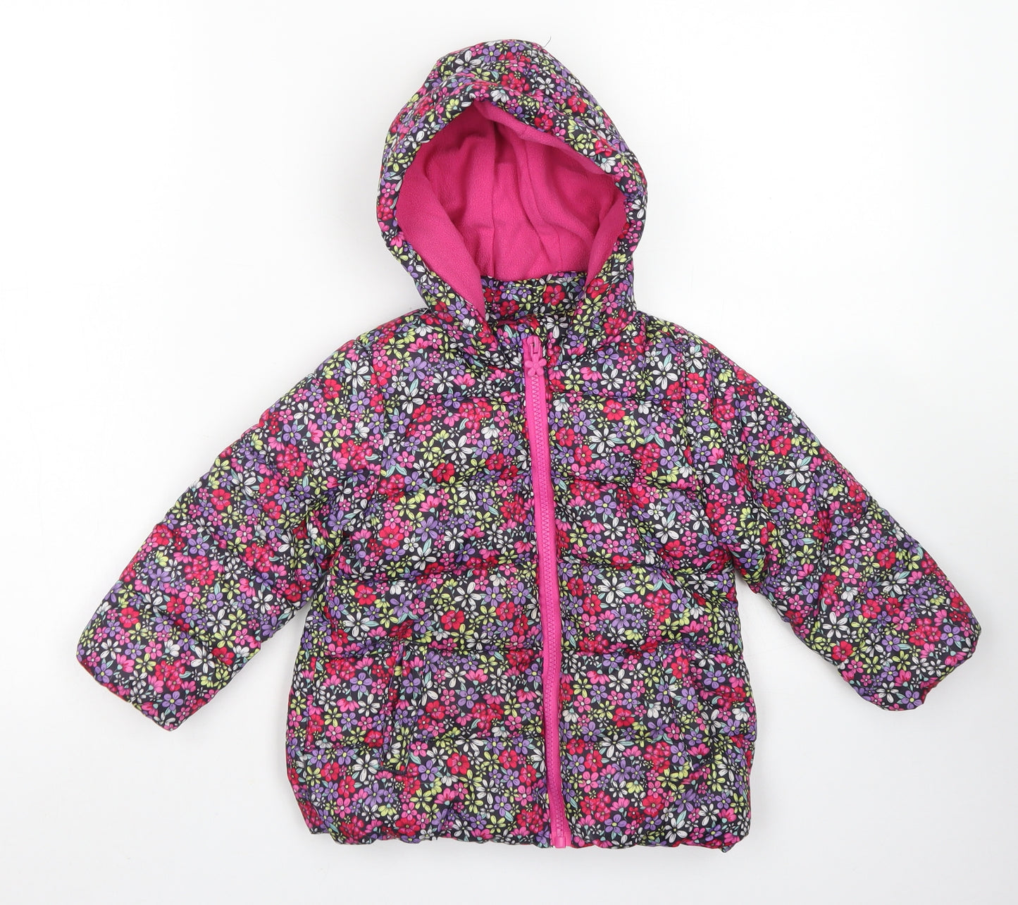 Matalan Girls Pink Floral  Parka Coat Size 2-3 Years  Zip - Fleece lined
