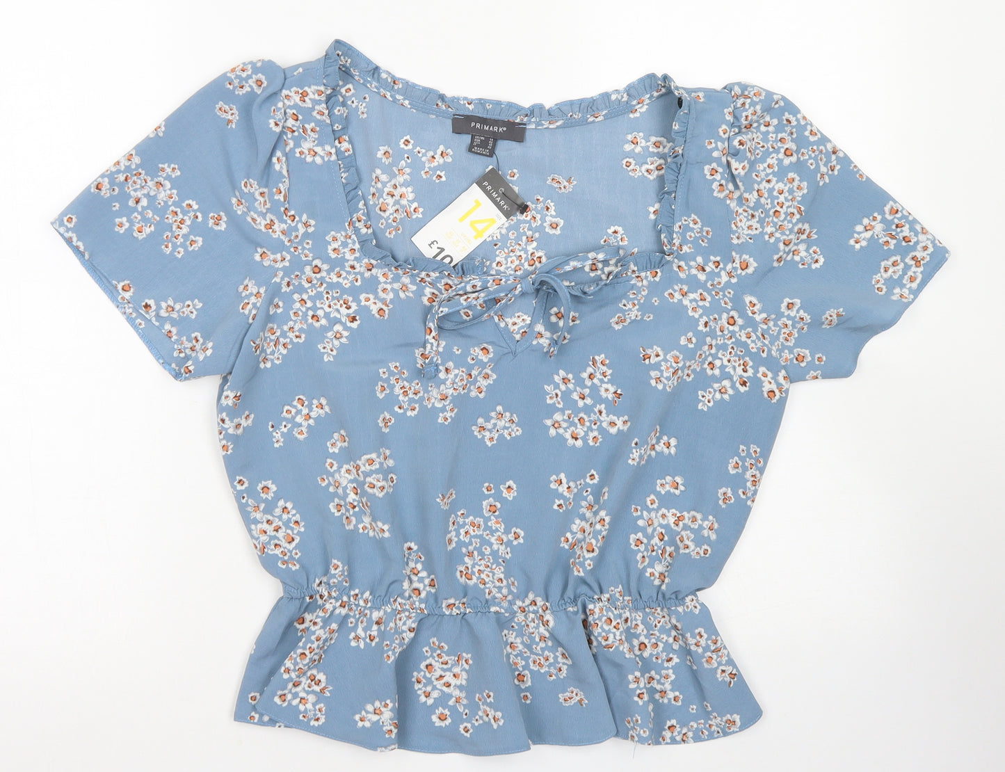 Primark Womens Black Floral Polyester Cropped Blouse Size 14 Square Neck - Peplum
