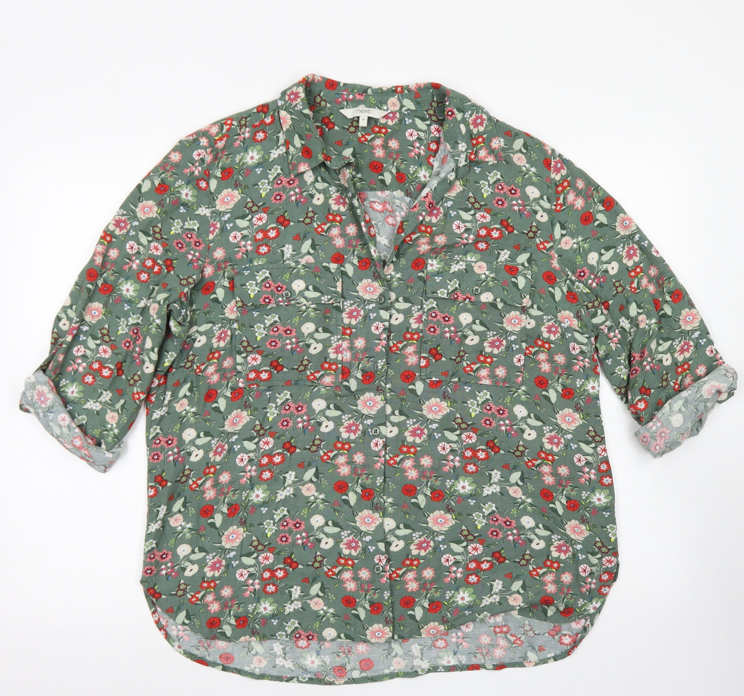 NEXT Womens Green Floral Cotton Basic Button-Up Size 14 Collared