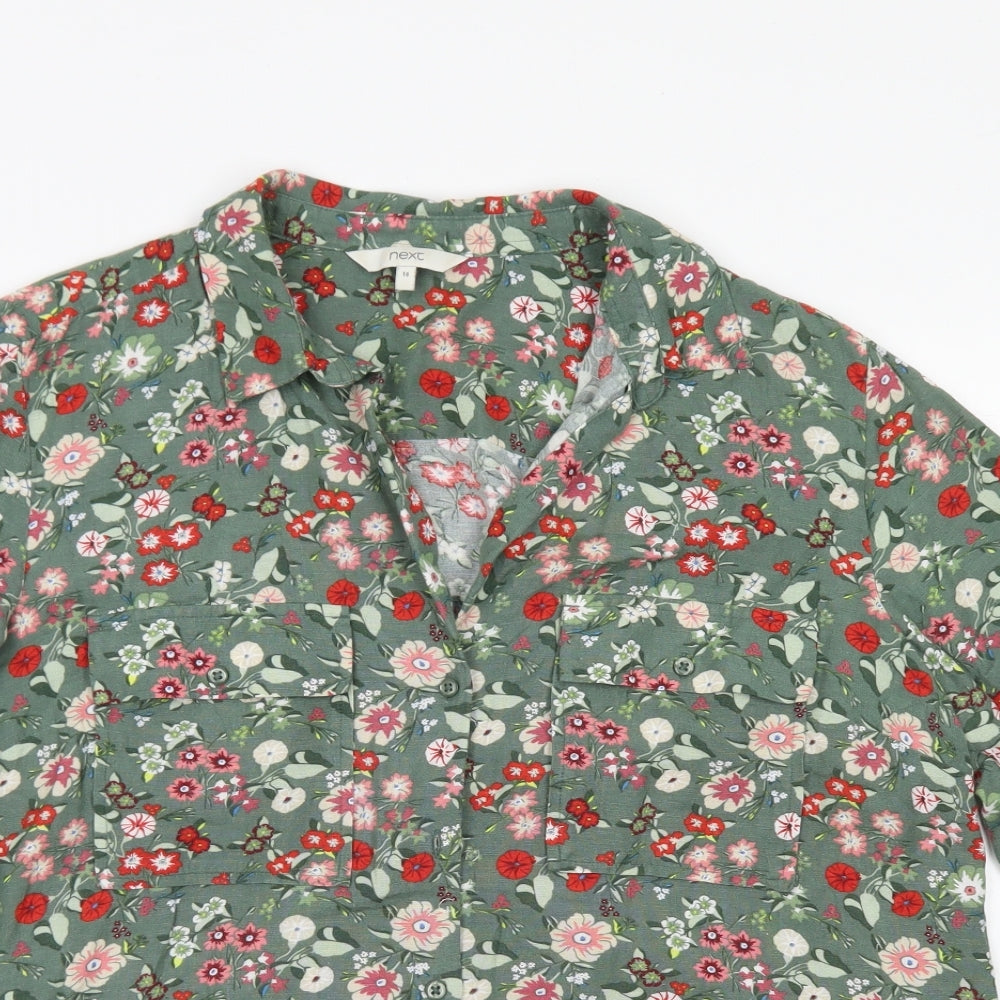 NEXT Womens Green Floral Cotton Basic Button-Up Size 14 Collared