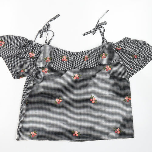 New Look Womens Black Check Polyester Cropped Blouse Size 12 Off the Shoulder - Cold Shoulder