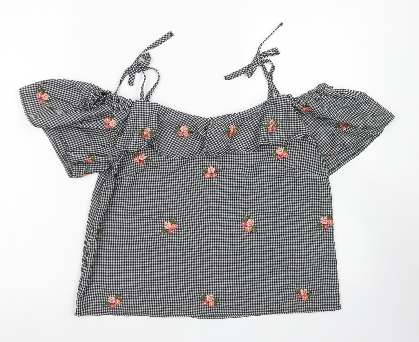 New Look Womens Black Check Polyester Cropped Blouse Size 12 Off the Shoulder - Cold Shoulder