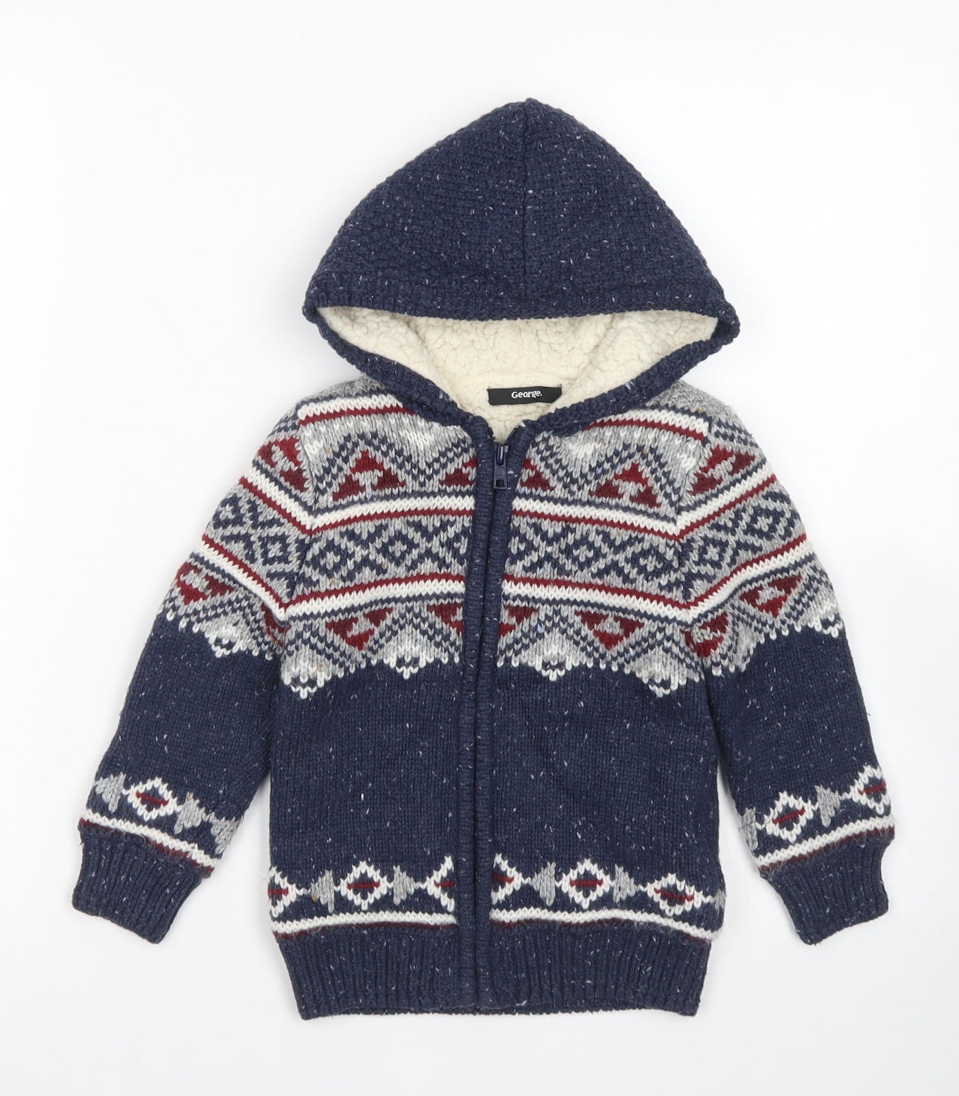 George Boys Black Crew Neck Fair Isle Cotton Cardigan Jumper Size 3-4 Years  Zip - Fleece lined
