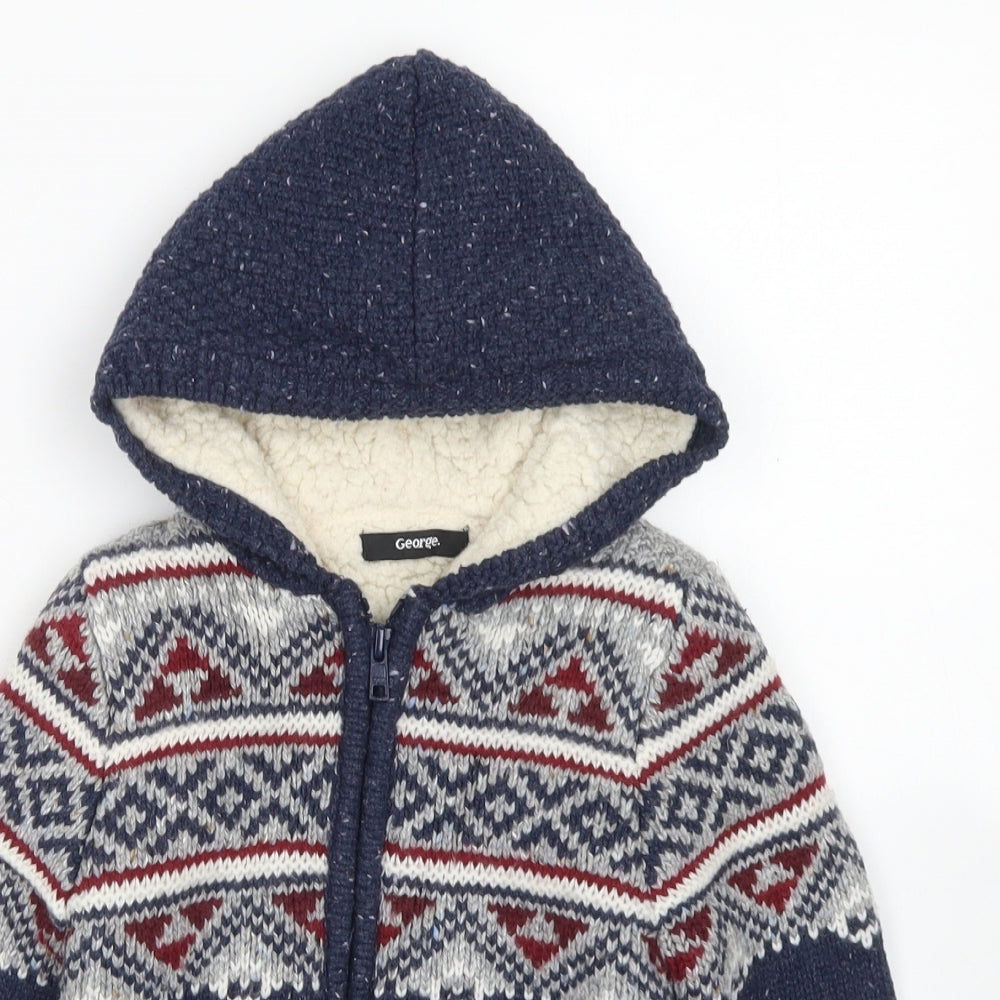 George Boys Black Crew Neck Fair Isle Cotton Cardigan Jumper Size 3-4 Years  Zip - Fleece lined