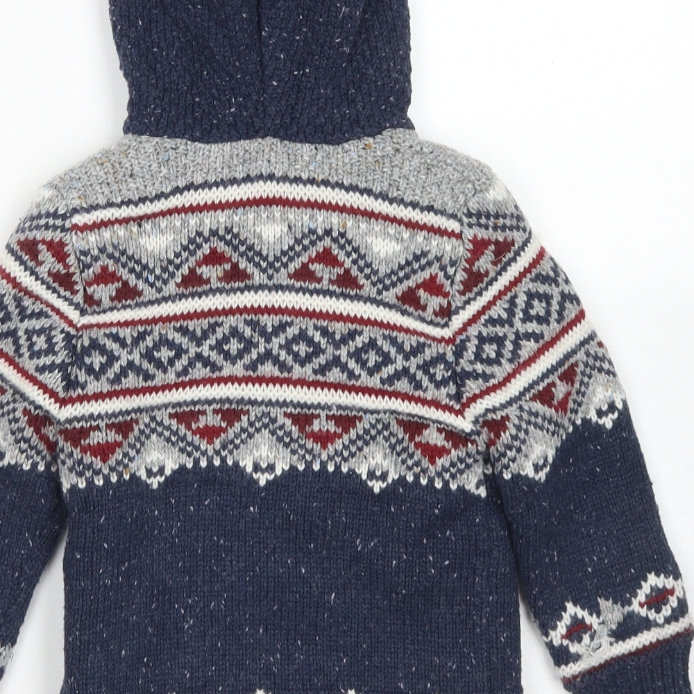 George Boys Black Crew Neck Fair Isle Cotton Cardigan Jumper Size 3-4 Years  Zip - Fleece lined