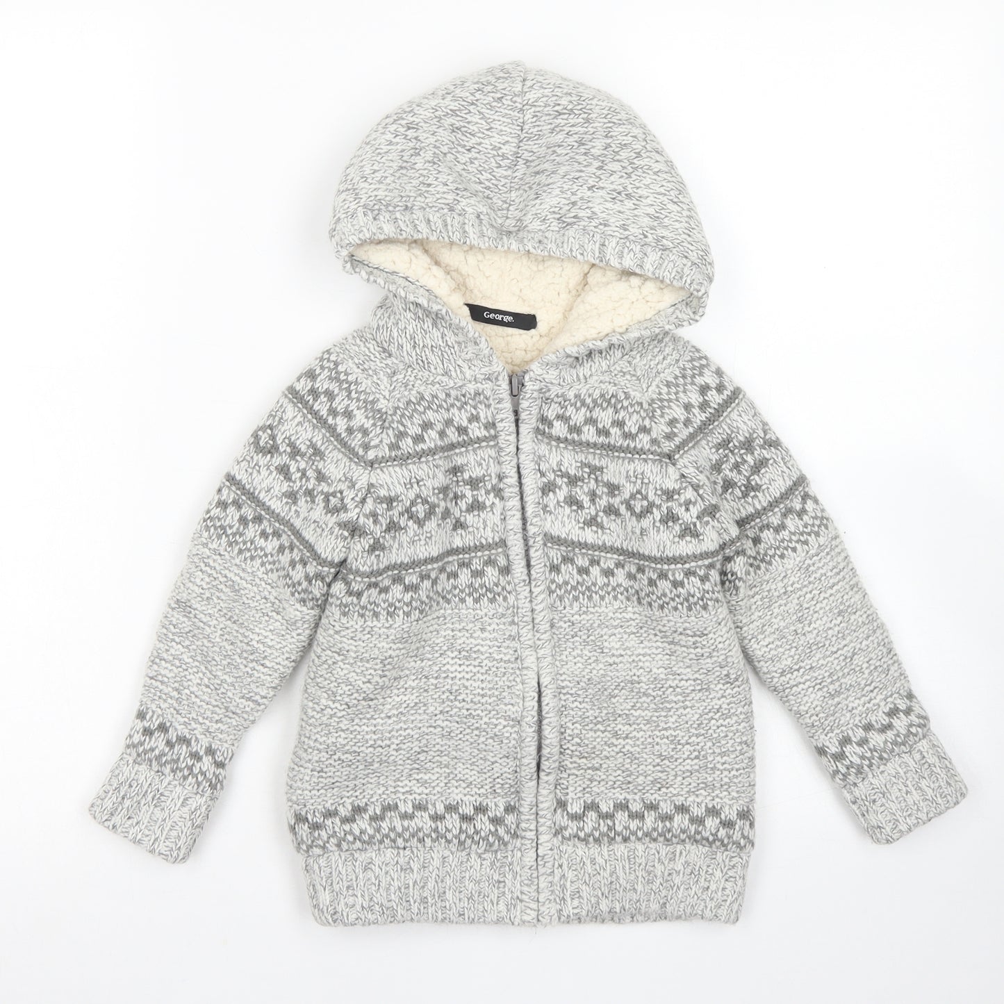 George Boys Grey Crew Neck Fair Isle Acrylic Cardigan Jumper Size 3-4 Years  Zip - Fleece Lined