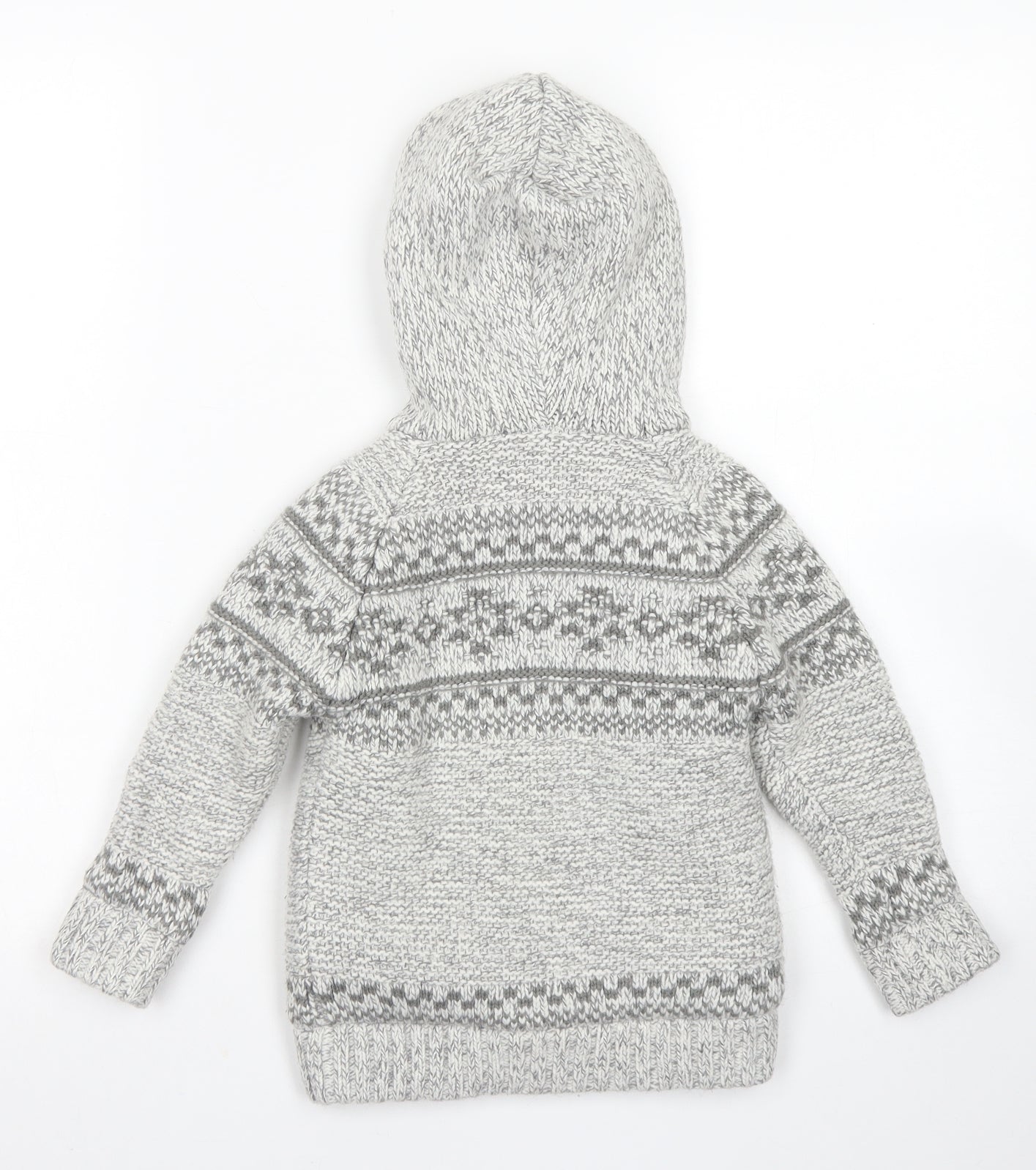 George Boys Grey Crew Neck Fair Isle Acrylic Cardigan Jumper Size 3-4 Years  Zip - Fleece Lined