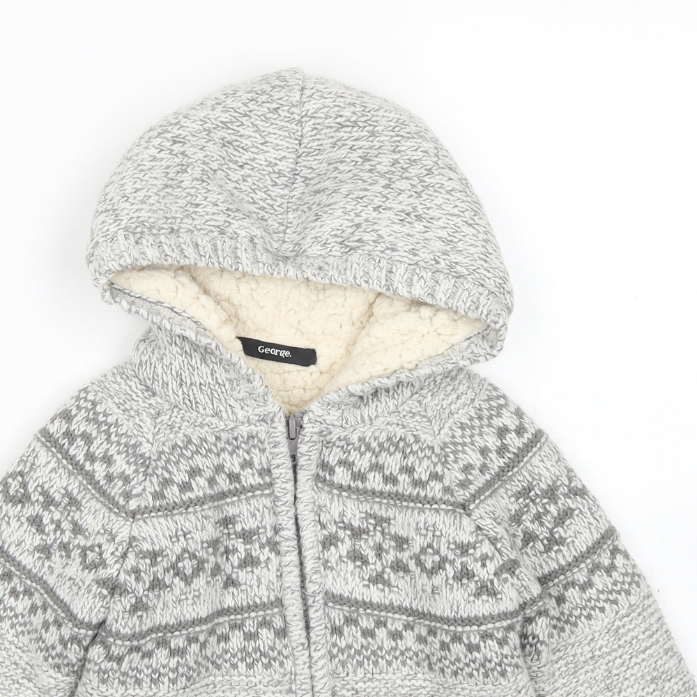 George Boys Grey Crew Neck Fair Isle Acrylic Cardigan Jumper Size 3-4 Years  Zip - Fleece Lined
