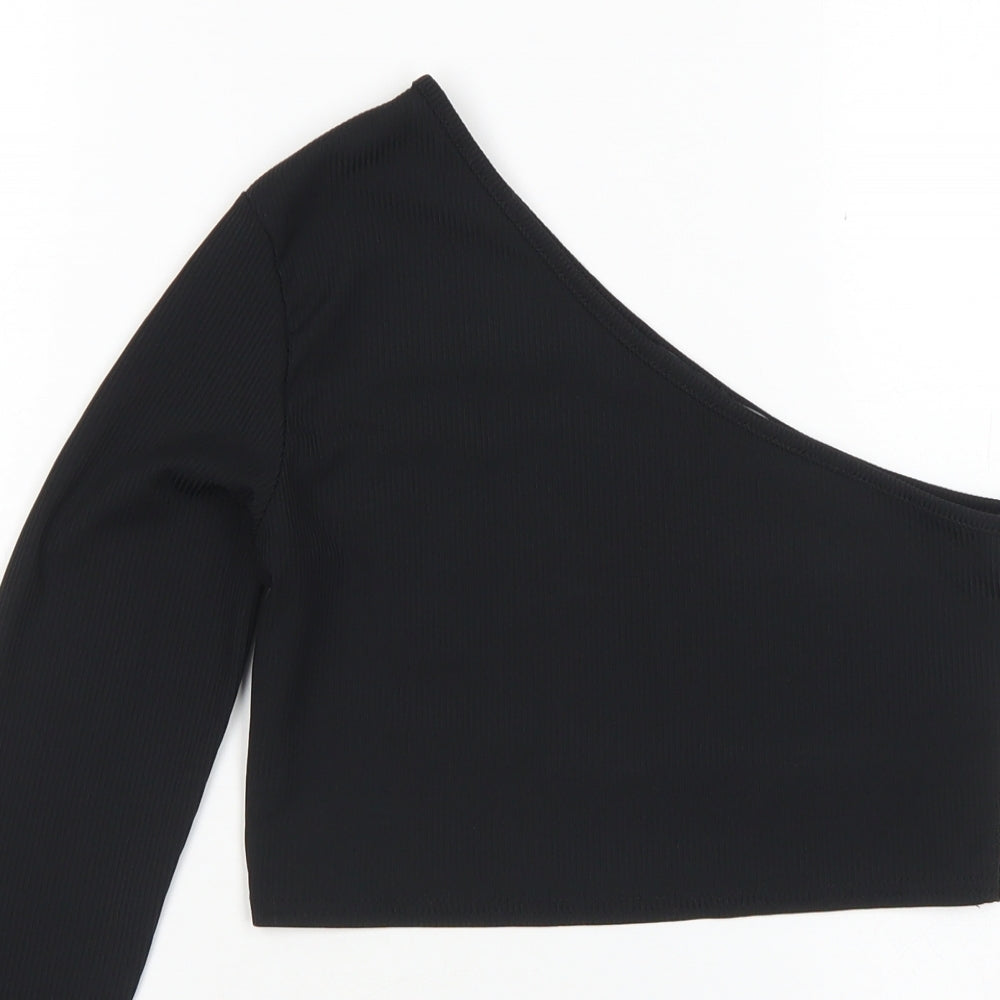 Boohoo Womens Black  Polyester Cropped T-Shirt Size 8 One Shoulder