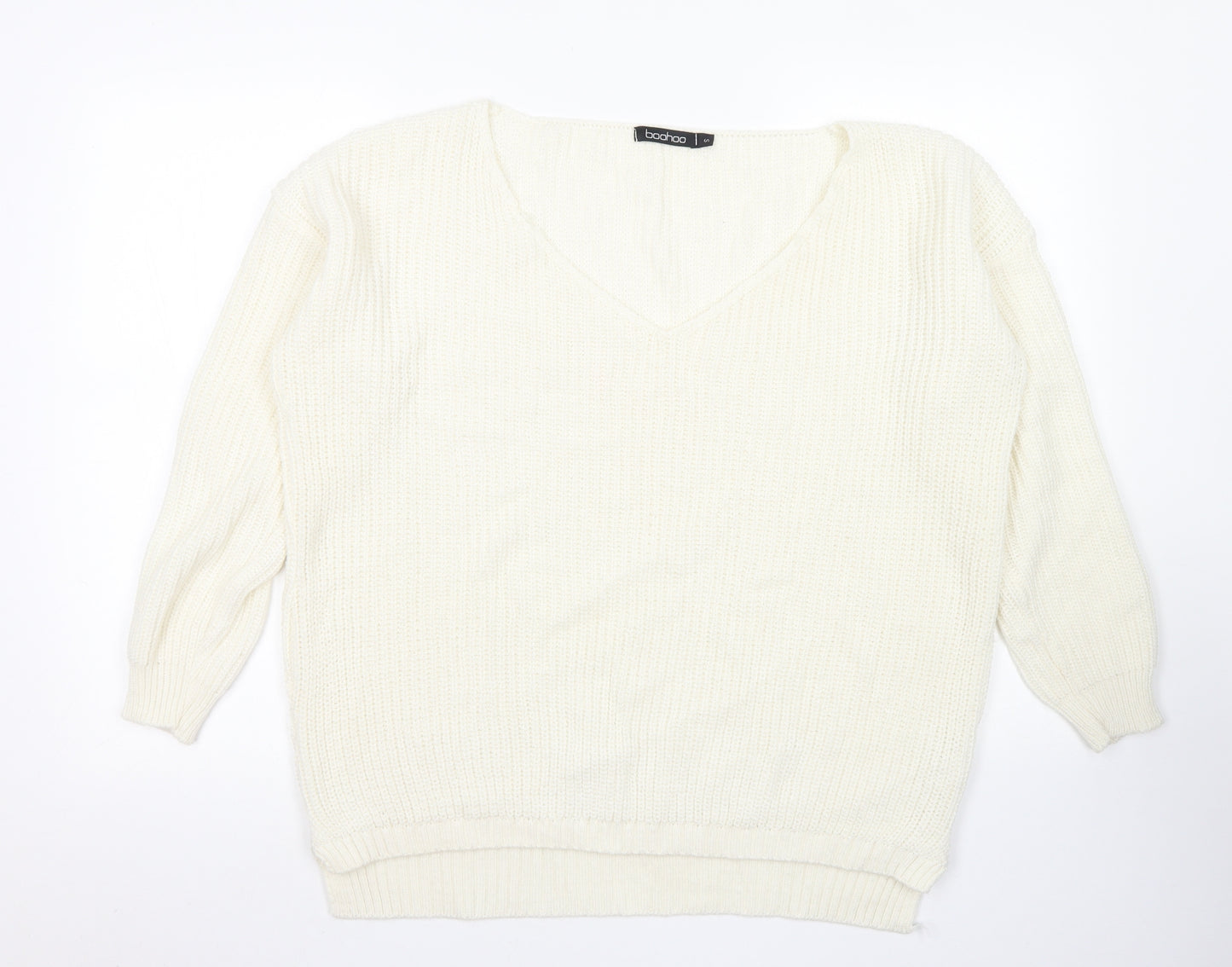 Boohoo Womens White V-Neck  Acrylic Pullover Jumper Size S
