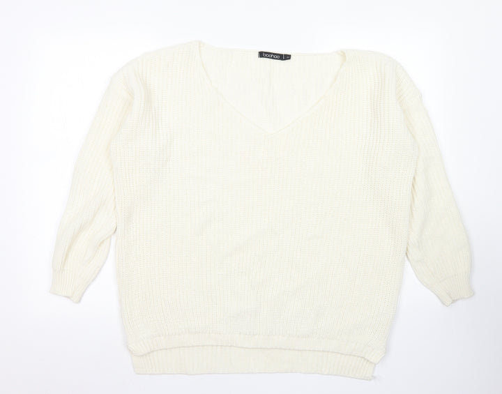 Boohoo Womens White V-Neck  Acrylic Pullover Jumper Size S