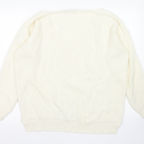 Boohoo Womens White V-Neck  Acrylic Pullover Jumper Size S