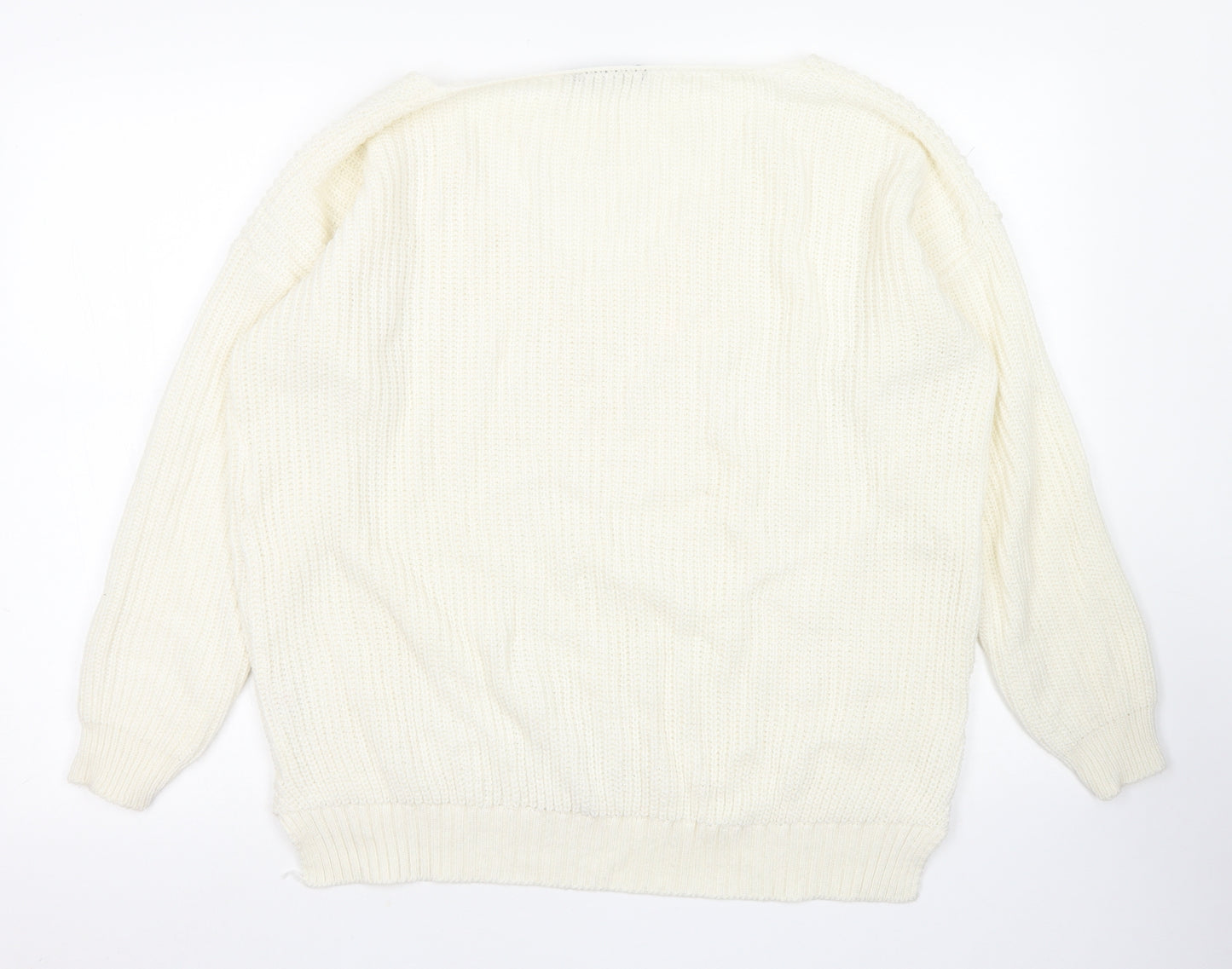 Boohoo Womens White V-Neck  Acrylic Pullover Jumper Size S
